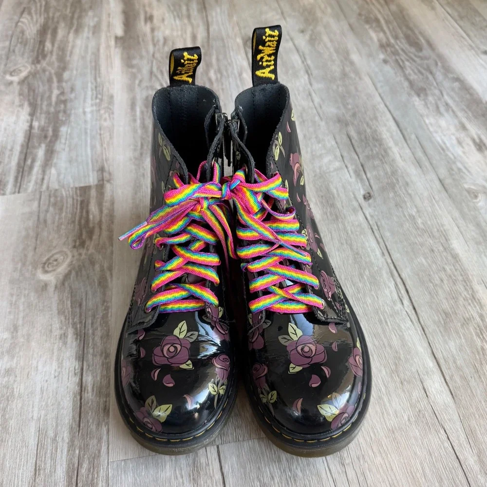 Dr. Martens 1460 J Floral Doodle Patent Leather Boots Black Pink Girl's Size 3